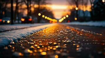 Raindrops on the asphalt road in the city at sunset photo