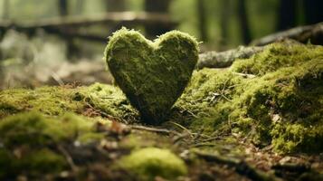 Heart shaped tree trunk covered with green moss in the forest, close up photo