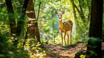 Young whitetail deer doe in the forest. Wildlife scene from nature. photo