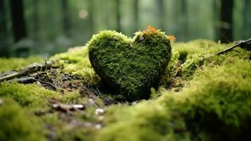 Heart shaped tree trunk covered with green moss in the forest, close up photo