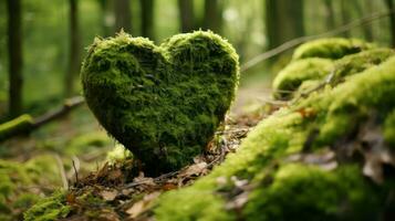 Heart shaped tree trunk covered with green moss in the forest, close up photo