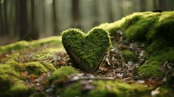 Heart shaped tree trunk covered with green moss in the forest, close up photo