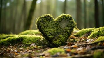 corazón conformado árbol maletero cubierto con verde musgo en el bosque, cerca arriba foto