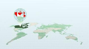 World map in perspective showing the location of the country Canada with detailed map with flag of Canada. vector