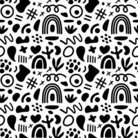 Abstract geometric shapes seamless pattern. Vector Hand drawn various shapes and doodle objects. Abstract contemporary modern style. Trendy black and white illustration. Stamp texture.