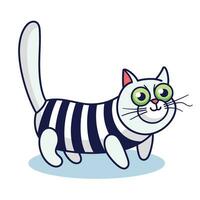 Cute cartoon cat wears striped clothes. Hand drawn kitten illustration. White Cat character with green eyes and striped sweater. Vector illustration in cartoon style.