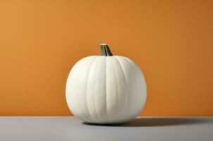 Minimalistic white pumpkin on an orange background. Thanksgiving Day. halloween. Generative AI photo