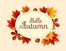 autumn leaves background with hello autumn text vector