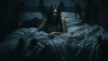Woman suffering from nightmares lying in her bed photo