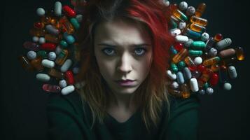 Portrait of a beautiful girl and a lot of pills on a dark background. photo
