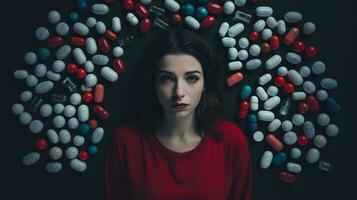 Portrait of a beautiful girl and a lot of pills on a dark background. photo