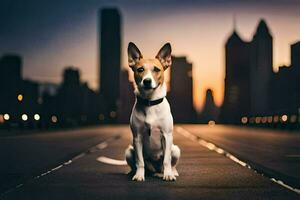 a dog sitting on the ground in front of a city skyline. AI-Generated photo
