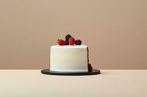 Piece of berry cake on beige background. Generative AI photo