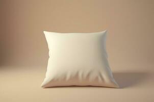 White pillow mockup. Minimalistic pillow on a beige background. Generative Ai photo