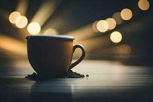 coffee cup on wooden table with bokeh lights. AI-Generated photo