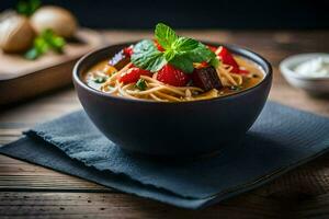 a bowl of pasta with vegetables and herbs on a wooden table. AI-Generated photo