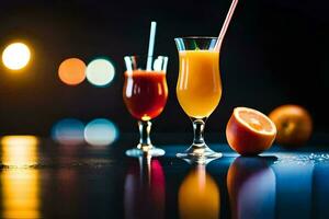 dos lentes de naranja jugo con pajitas y naranjas en un mesa. generado por ai foto