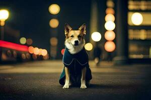 a dog in a coat sitting on the street at night. AI-Generated photo
