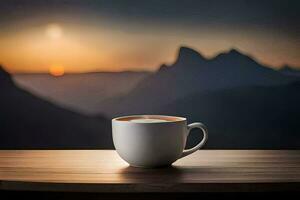 un taza de café en un mesa en frente de un montaña vista. generado por ai foto