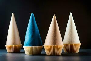 three different colored cupcakes in cones. AI-Generated photo