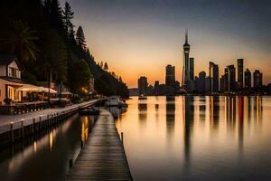 a city skyline at sunset with a dock and boats. AI-Generated photo