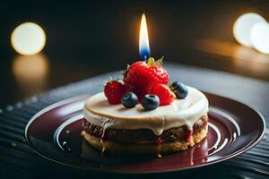 a birthday cake with berries and a candle. AI-Generated photo