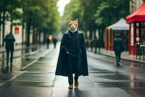 a fox wearing a coat and tie walking down a street. AI-Generated photo