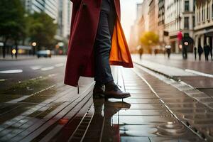 a man in a red coat standing on a wet street. AI-Generated photo