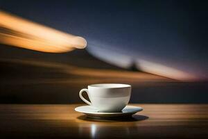 a coffee cup sits on a table in front of a blurry background. AI-Generated photo