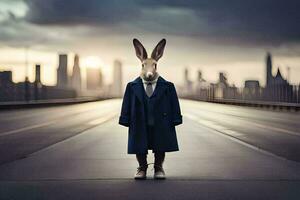 a rabbit wearing a suit and tie standing on a bridge. AI-Generated photo