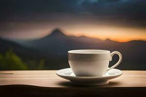 coffee cup on the table with mountains in the background. AI-Generated photo