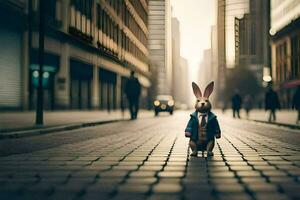 a rabbit in a suit stands on a street. AI-Generated photo