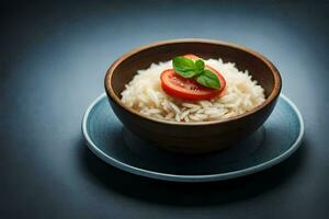 rice with tomato and basil on a dark background. AI-Generated photo
