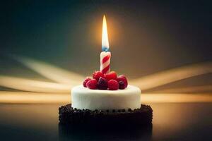 a small birthday cake with a single candle. AI-Generated photo