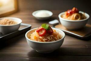 three bowls with rice and tomatoes on a table. AI-Generated photo