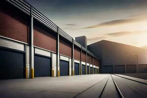 a warehouse with two large doors and a train track. AI-Generated photo