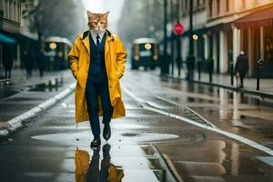 un gato en un amarillo impermeable caminando abajo un calle. generado por ai foto