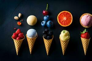 different types of ice cream in cones. AI-Generated photo