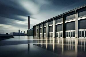 un grande industrial edificio con un oscuro cielo. generado por ai foto