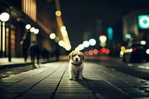 a dog is standing on a street at night. AI-Generated photo