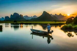 a man in a boat on the river with mountains in the background. AI-Generated photo