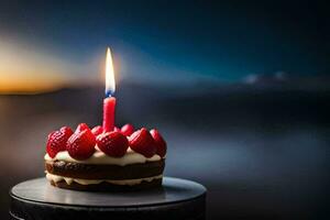 a birthday cake with a single candle. AI-Generated photo