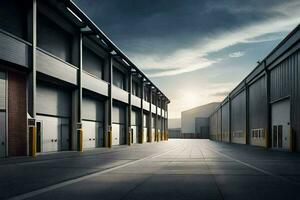 a long empty warehouse with two doors. AI-Generated photo