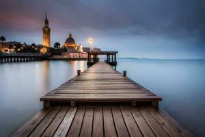 un muelle con un Iglesia en el antecedentes. generado por ai foto