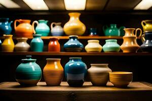 a shelf full of colorful vases on a wooden table. AI-Generated photo