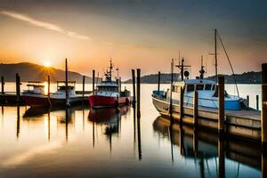 boats docked at the dock at sunset. AI-Generated photo