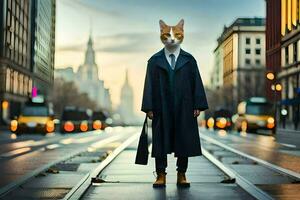 un hombre en un traje y Corbata en pie en un calle con un gato cabeza. generado por ai foto