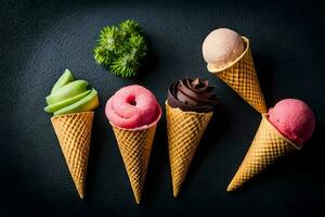 diferente sabores de hielo crema en conos en un negro antecedentes. generado por ai foto