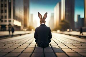 a rabbit in a suit sitting on the ground in front of a city. AI-Generated photo