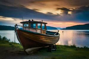 a boat sits on the shore at sunset. AI-Generated photo